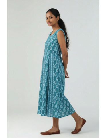 Yamini Ocean Blue Floral sleeveless Cotton Flared Kurta