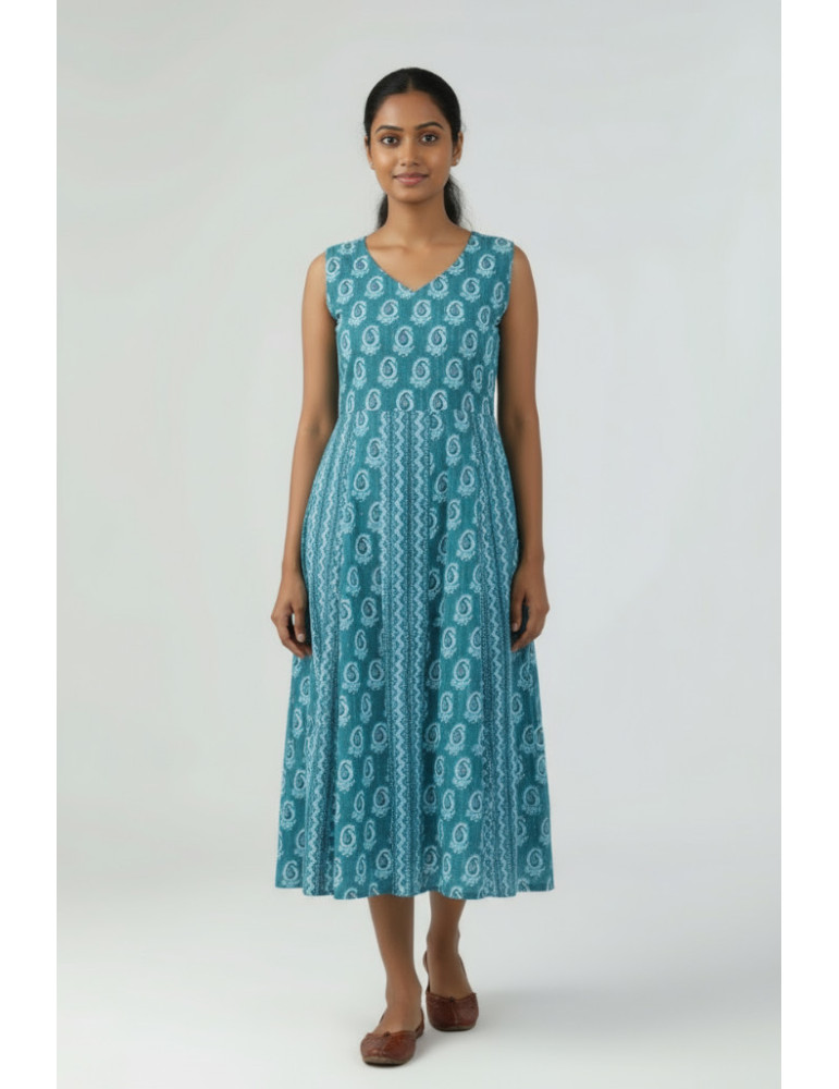 Yamini Ocean Blue Floral sleeveless Cotton Flared Kurta