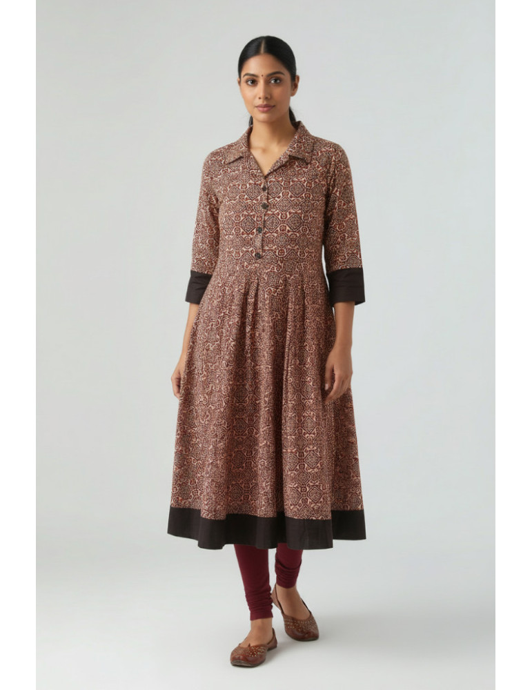 Yamini Maroon Multi Ajrakh Printed Cotton Flared Kurta