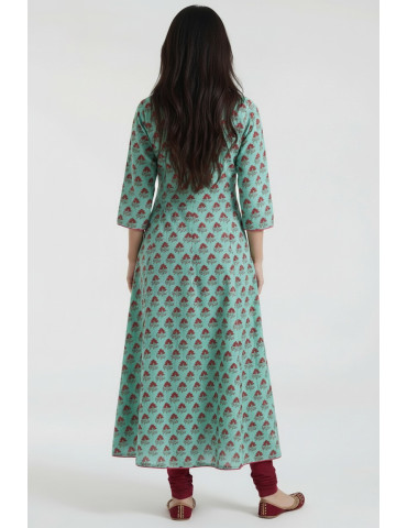 Women Sea Green Maroon Cotton Floral Long Kurta