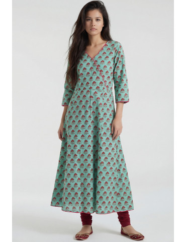 Women Sea Green Maroon Cotton Floral Long Kurta