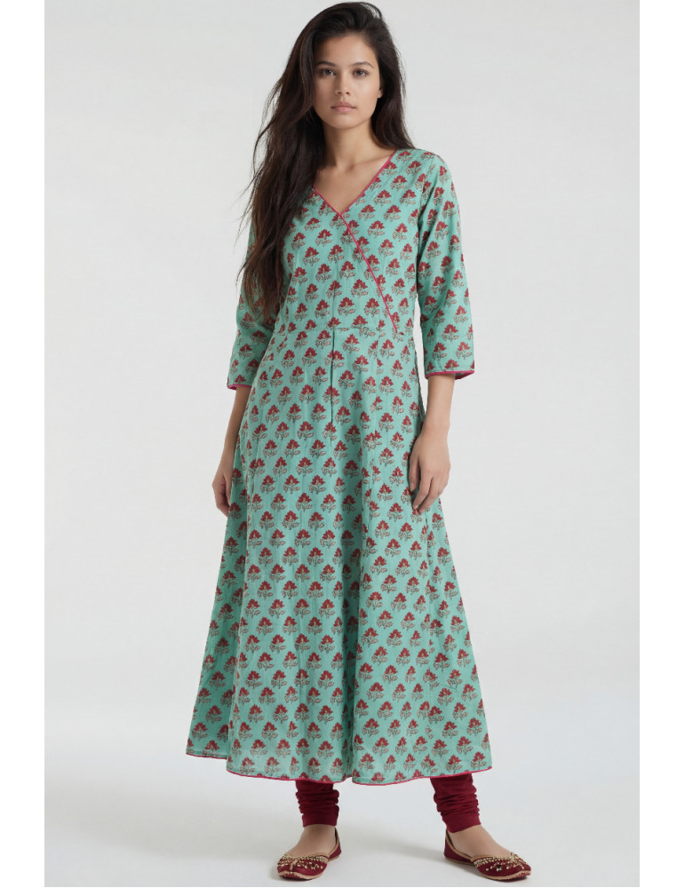 Women Sea Green Maroon Cotton Floral Long Kurta