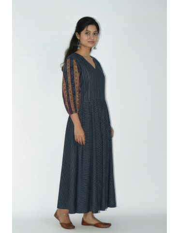 Yamini Navy Blue Katha with Sambalpuri Patch Cotton Anarkali Kurta