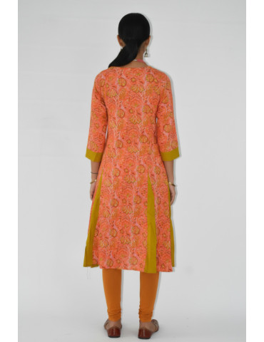Yamini Orange Floral Sanganer Cotton  Anarkali Kurta