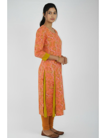 Yamini Orange Floral Sanganer Cotton  Anarkali Kurta