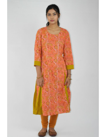 Yamini Orange Floral Sanganer Cotton  Anarkali Kurta