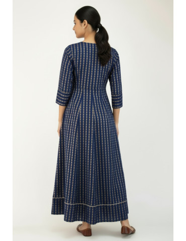 Yamini Navy Blue Golden Print Cotton Silk Blend Gown 