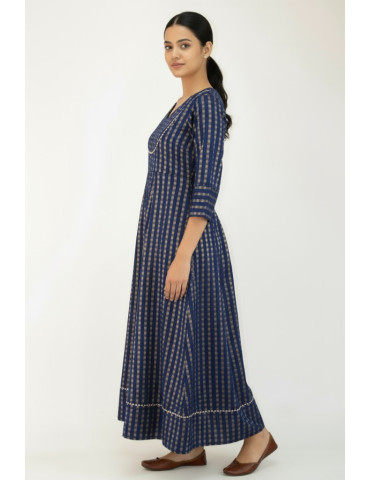 Yamini Navy Blue Golden Print Cotton Silk Blend Gown 