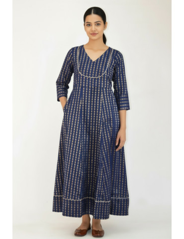 Yamini Navy Blue Golden Print Cotton Silk Blend Gown 