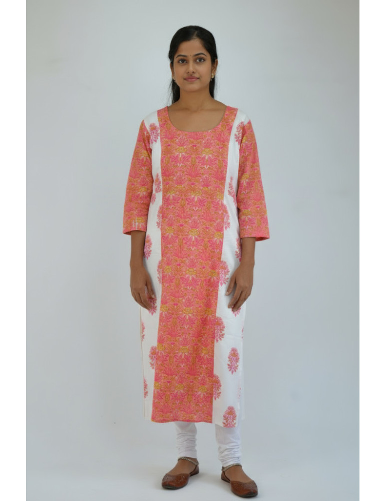 Kurti Pink Orange light Green Floral Print Pure Cotton