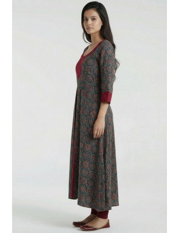 Women Bottle Green Red Cotton Ajrakh Printed Floral Long Kurta