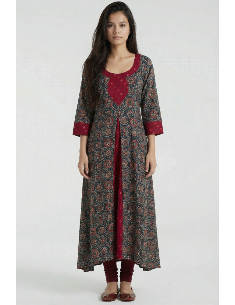 Women Bottle Green Red Cotton Ajrakh Printed Floral Long Kurta