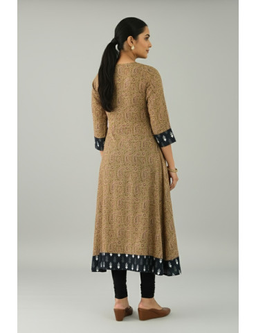 Anarkali Hand Block Soft Cotton Kurta Peanut Brown in Red Floral Design with Black Border