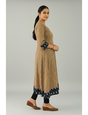 Anarkali Hand Block Soft Cotton Kurta Peanut Brown in Red Floral Design with Black Border