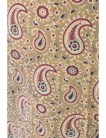 Anarkali Hand Block Soft Cotton Kurta Peanut Brown in Red Floral Design with Black Border