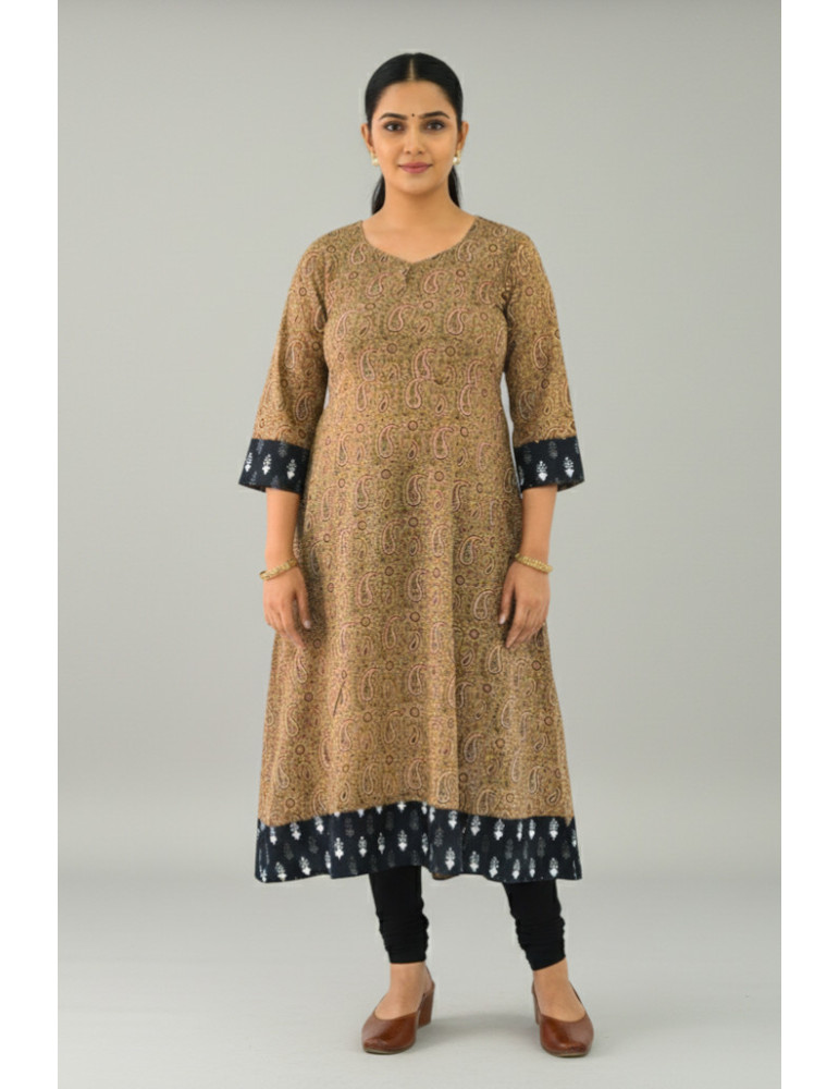 Anarkali Hand Block Soft Cotton Kurta Peanut Brown in Red Floral Design with Black Border