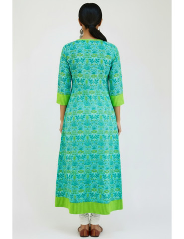  Sea Green Block Print Katha Stitch  Sleeve less Kurta with Jacket