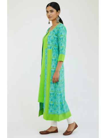  Sea Green Block Print Katha Stitch  Sleeve less Kurta with Jacket