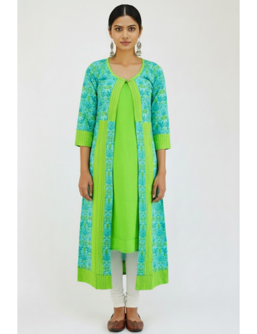  Sea Green Block Print Katha Stitch  Sleeve less Kurta with Jacket