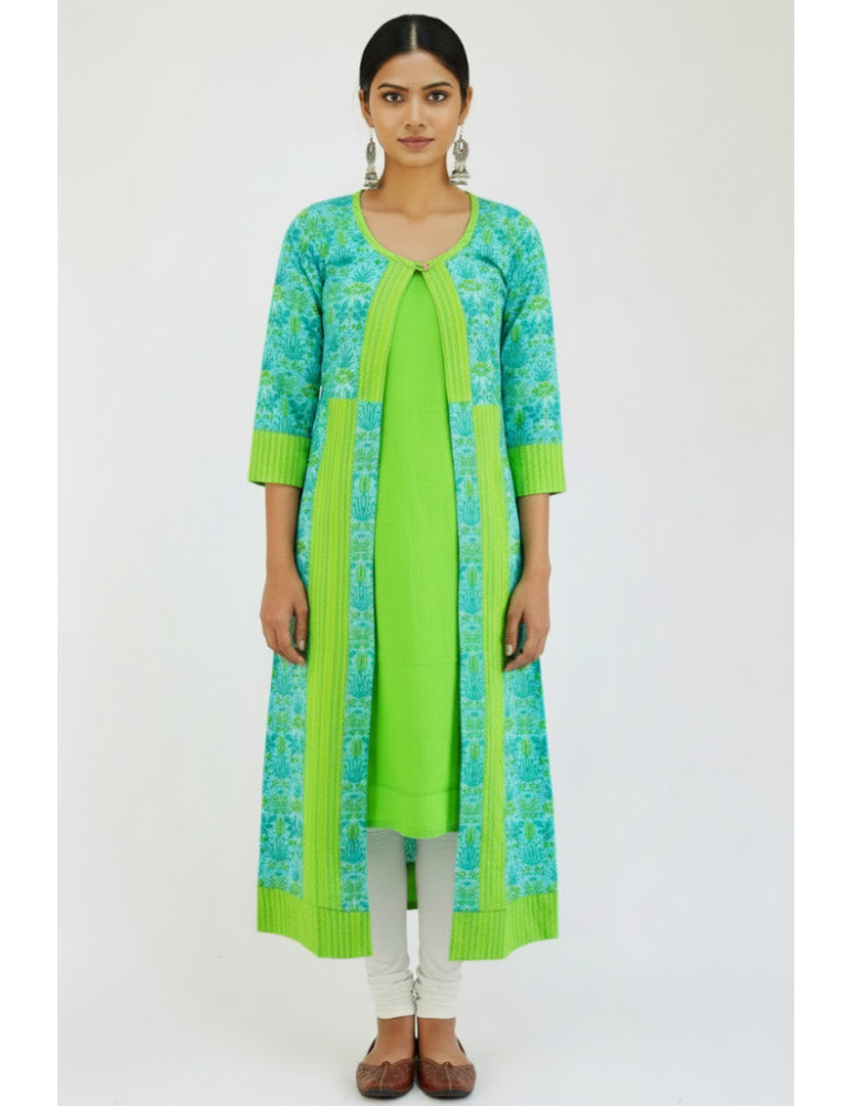  Sea Green Block Print Katha Stitch  Sleeve less Kurta with Jacket