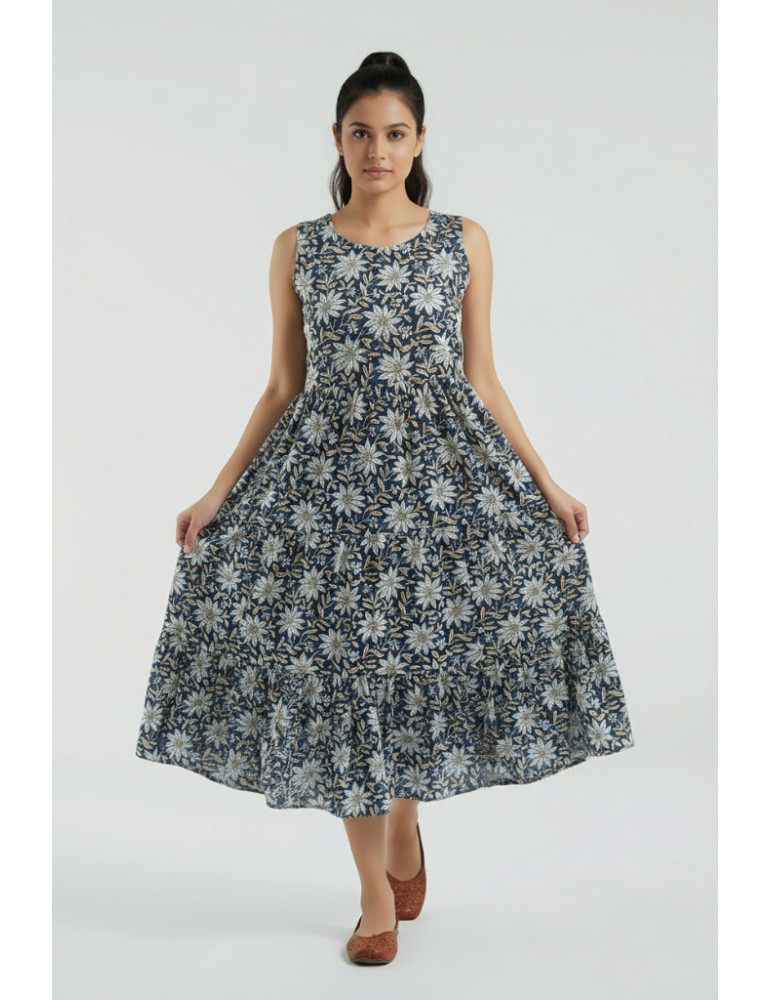 Block Print Sleevless Kurti Deep Blue Floral Pure Cotton