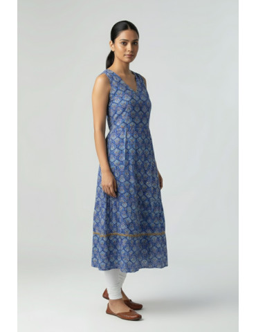 Flare Kurti Block Print Blue Pure Cotton