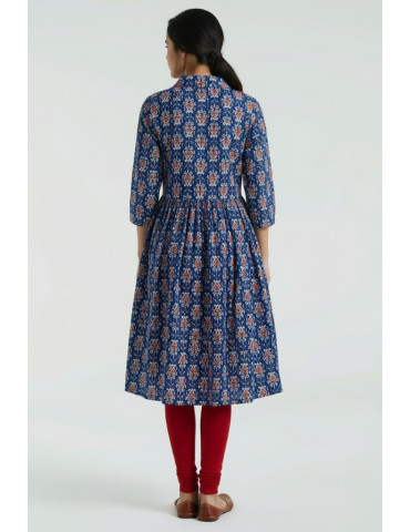 Gown kurti Katha Stitch Blue Floral Red Pure Cotton