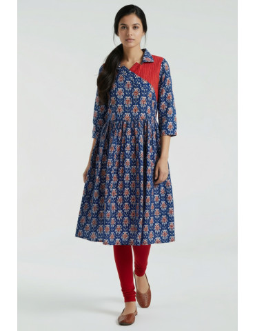 Gown kurti Katha Stitch Blue Floral Red Pure Cotton