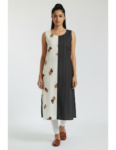  Black Off-white Katha Stitch Khadi Cotton Pure Cotton Kurti