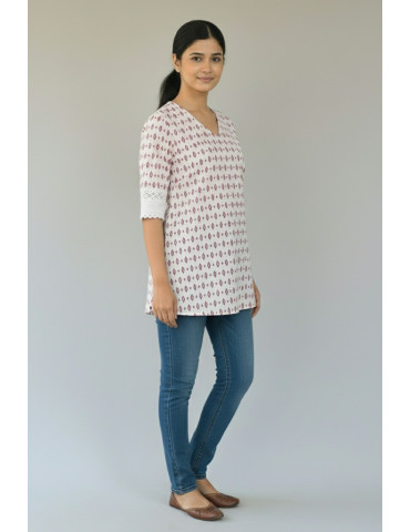 Short Kurti Block Print Pink White with Lace Pure Cotton