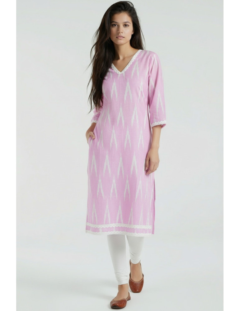 Kurti Pink Ikat with lace Pure Cotton