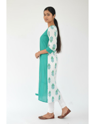 Jacket Style Teal White Floral Katha Stitch Block Print Pure Cotton Kurti