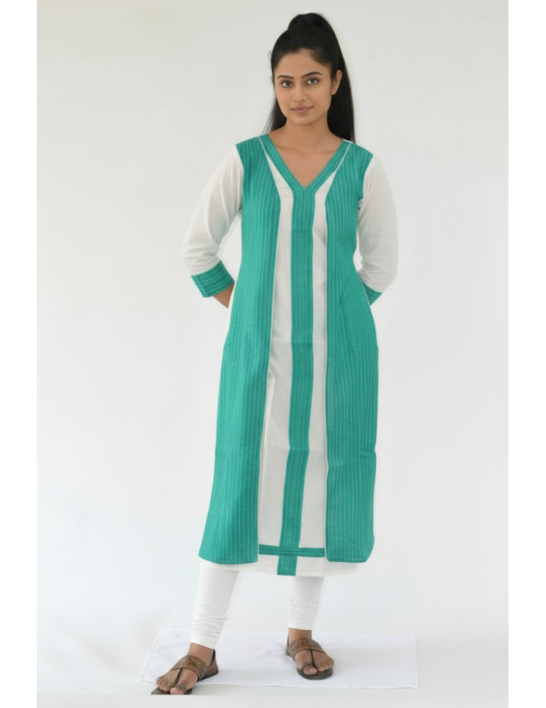 Jacket Style Teal White Floral Katha Stitch Block Print Pure Cotton Kurti