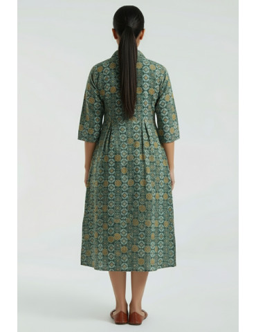 Yamini Ajrakh Print Buttle Green Pure Cotton Kurti