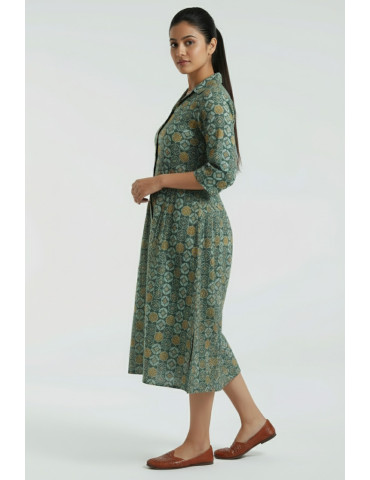Yamini Ajrakh Print Buttle Green Pure Cotton Kurti