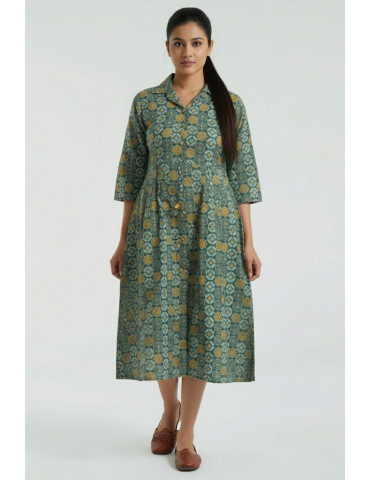 Yamini Ajrakh Print Buttle Green Pure Cotton Kurti