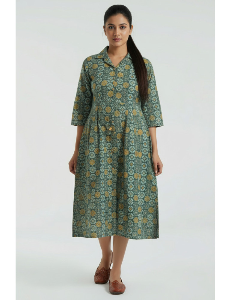 Yamini Ajrakh Print Buttle Green Pure Cotton Kurti