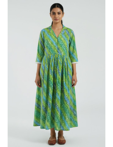 Frock Kurti Laheria Print Green Pure Cotton