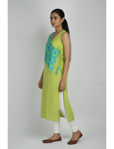 Sleeveless Block Print Green Light Green Pure Cotton Kurta