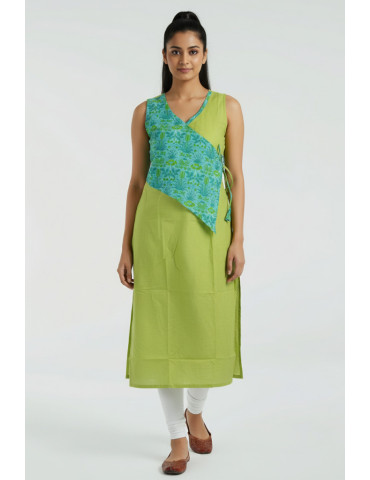 Sleeveless Block Print Green Light Green Pure Cotton Kurta