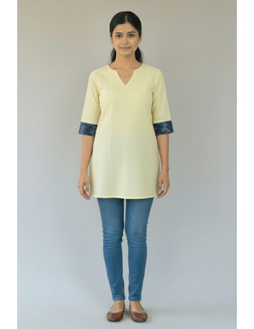 Short Kurti Light Yellow Katha Stitch Pure Cotton