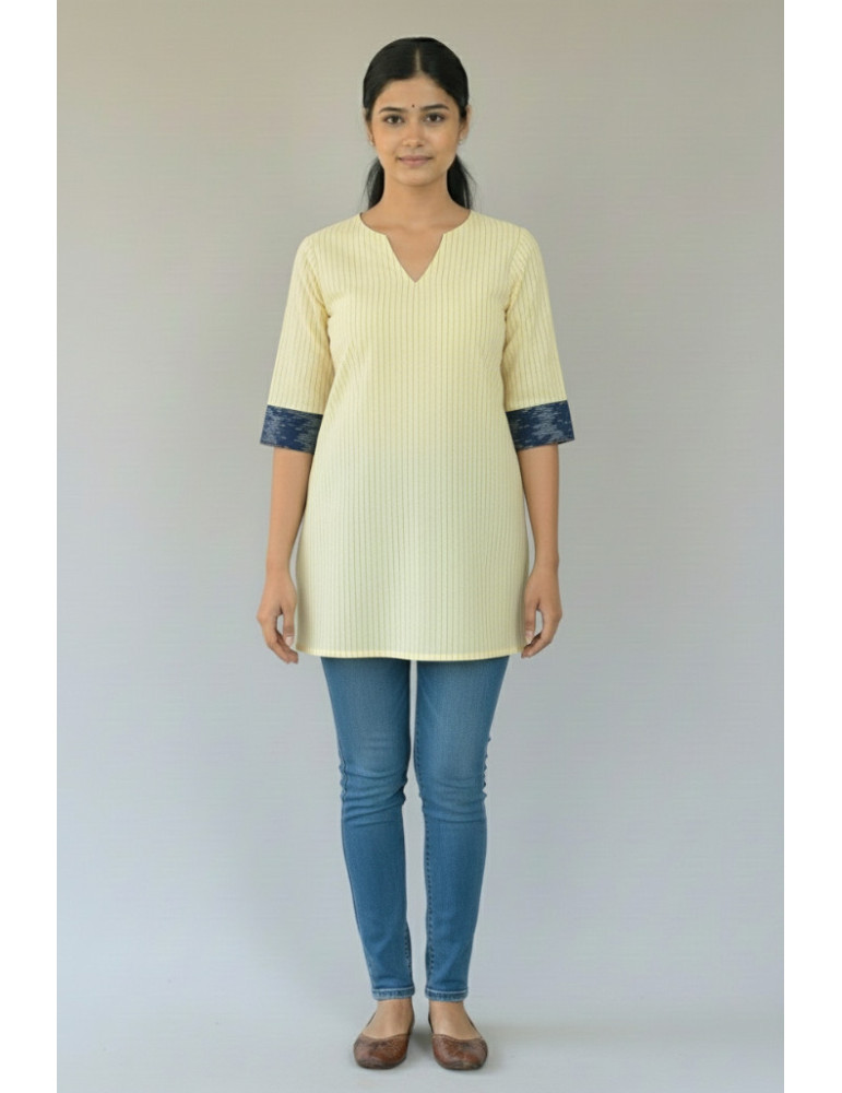 Short Kurti Light Yellow Katha Stitch Pure Cotton