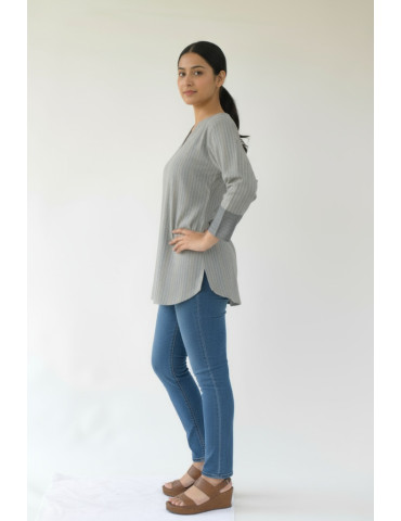 Short Kurti Grey Katha Stitch Pure Cotton