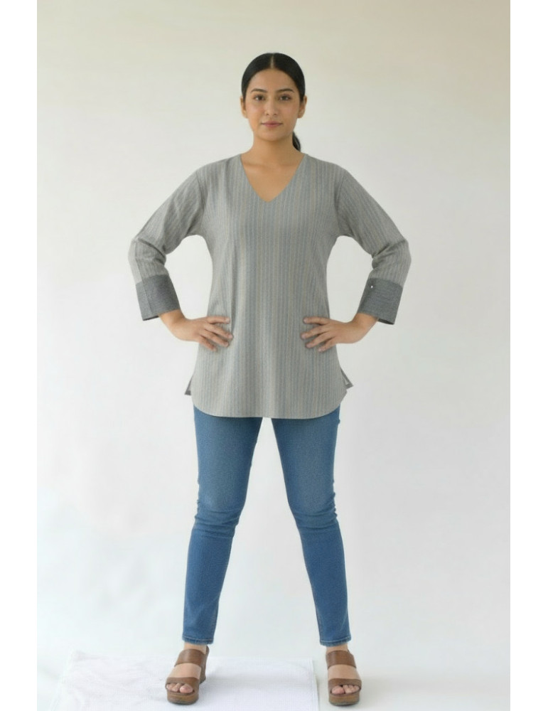 Short Kurti Grey Katha Stitch Pure Cotton