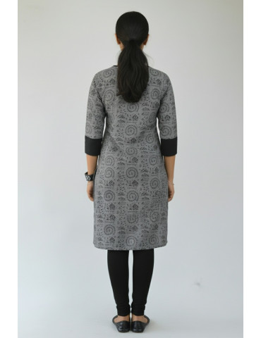 Kurti Tribal Print Grey Glack Pure Cotton