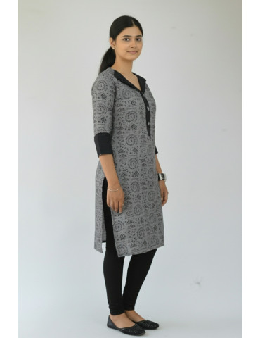 Kurti Tribal Print Grey Glack Pure Cotton