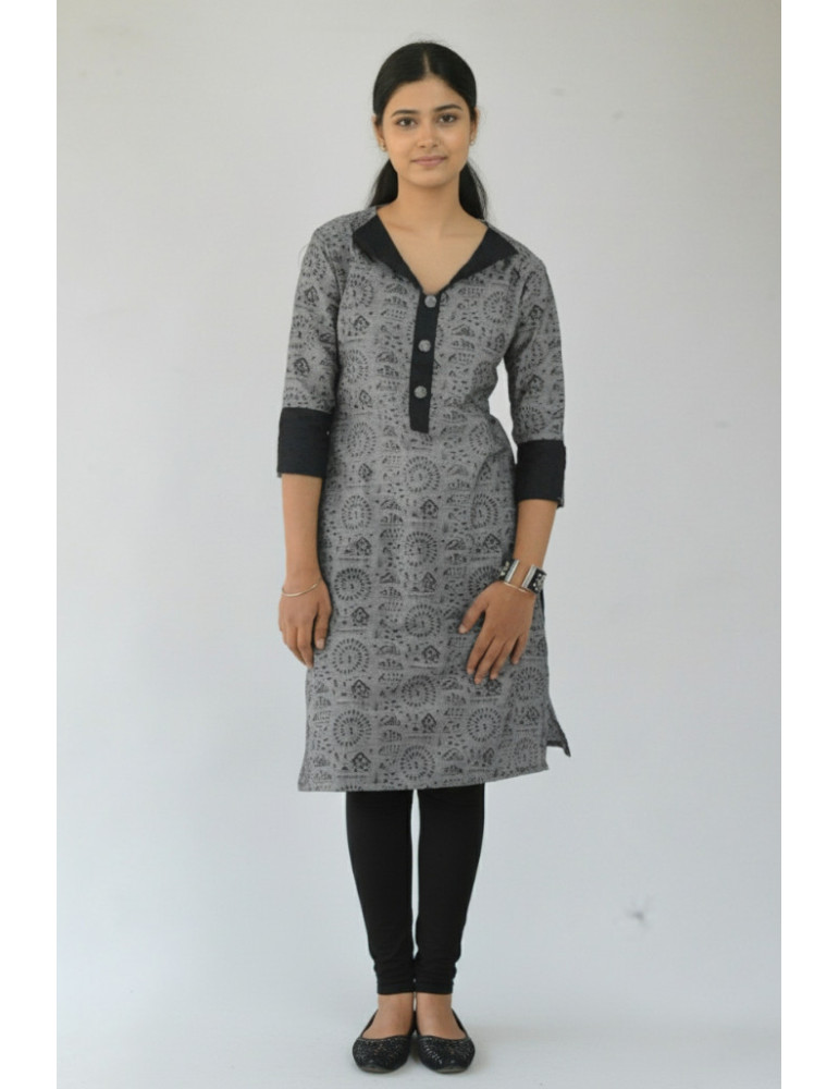 Kurti Tribal Print Grey Glack Pure Cotton