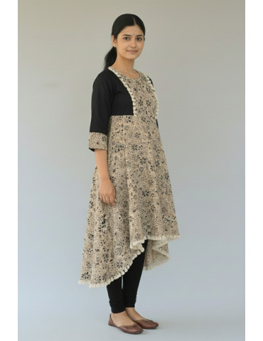 Kalamkari Light Brown Black Pure Cotton Kurti