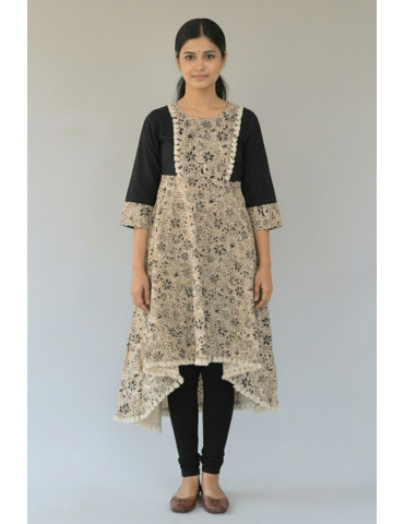 Kalamkari Light Brown Black Pure Cotton Kurti