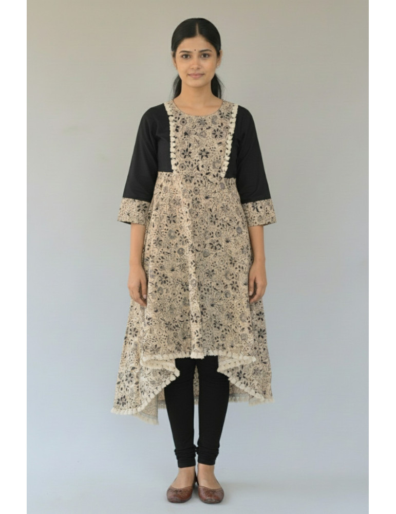 Kalamkari Light Brown Black Pure Cotton Kurti